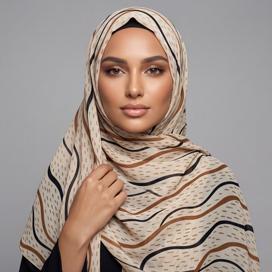 Beige striped hijab front view